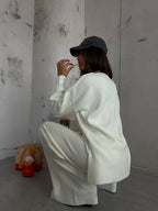 V-Neck Knit Ecru Sweater Pants Set