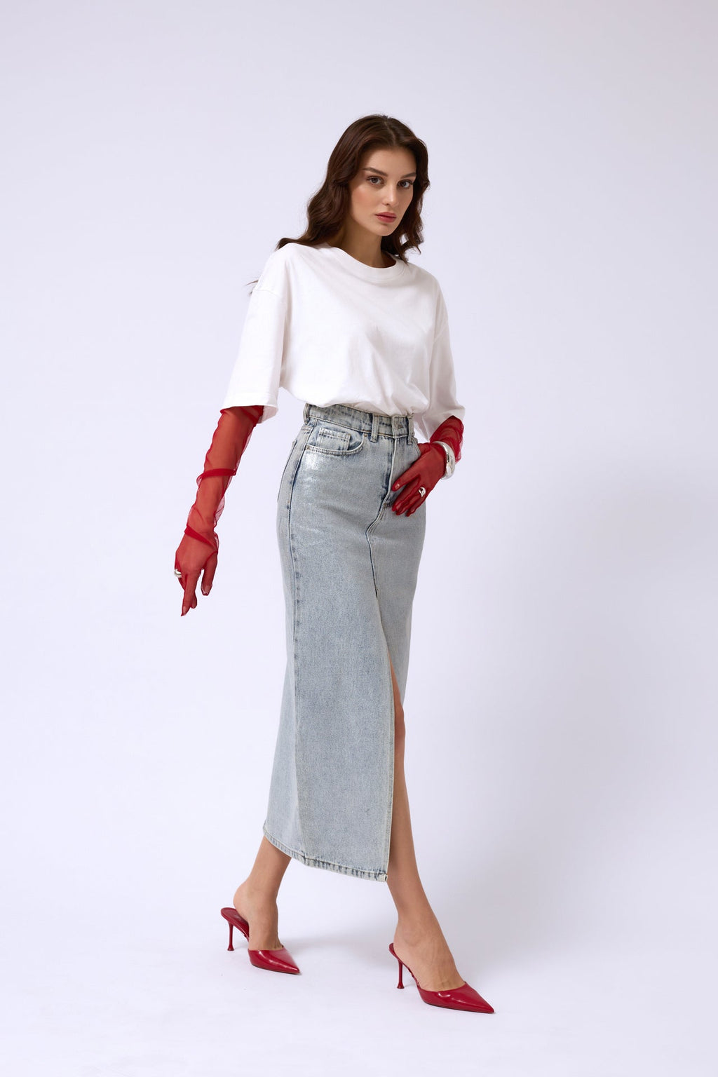 Varak Printed Slit Blue Maxi Denim Skirt