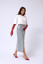Varak Printed Slit Blue Maxi Denim Skirt
