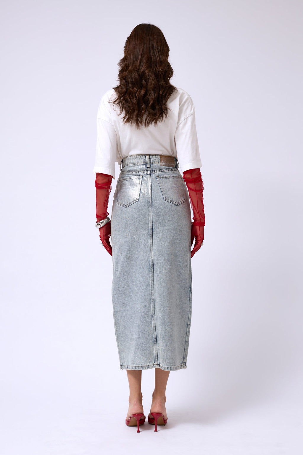 Varak Printed Slit Blue Maxi Denim Skirt