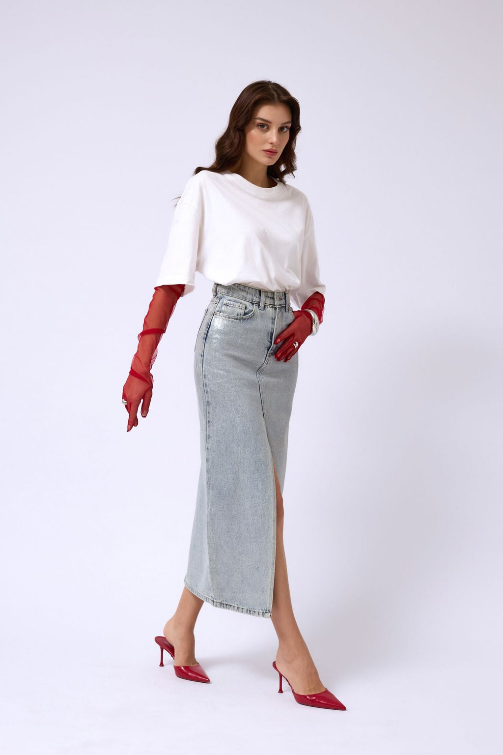 Varak Printed Slit Blue Maxi Denim Skirt