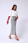 Varak Printed Slit Blue Maxi Denim Skirt
