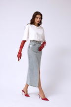 Varak Printed Slit Blue Maxi Denim Skirt