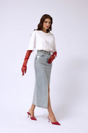 Foil Printed Slit Blue Maxi Denim Skirt