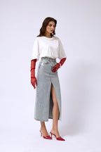 Varak Printed Slit Blue Maxi Denim Skirt