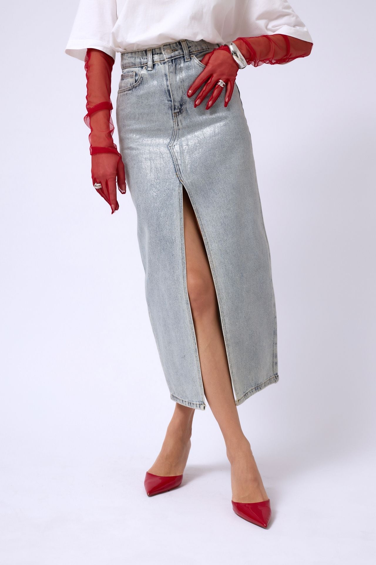 Varak Printed Slit Blue Maxi Denim Skirt
