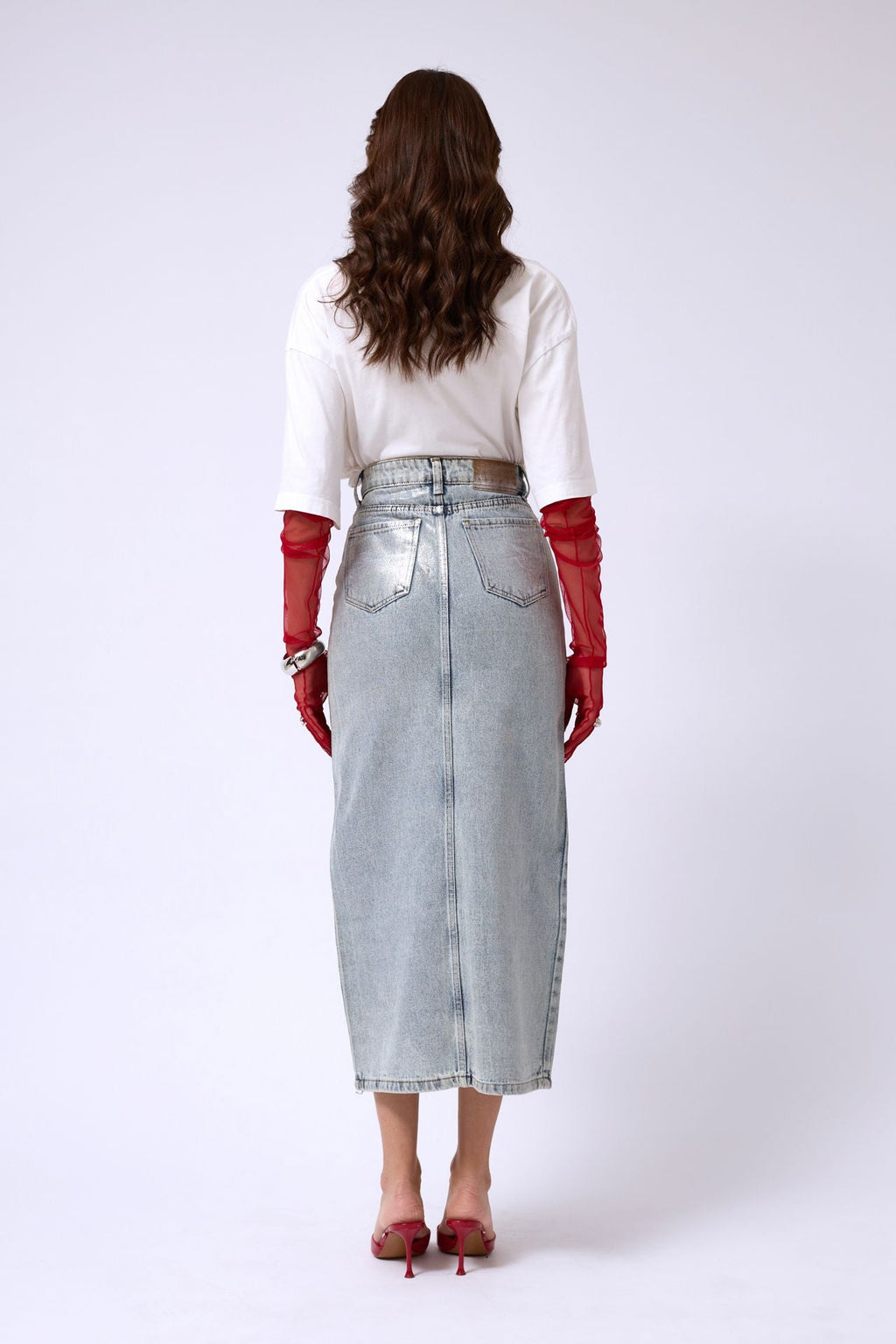 Varak Printed Slit Blue Maxi Denim Skirt