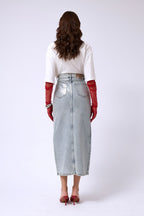 Varak Printed Slit Blue Maxi Denim Skirt