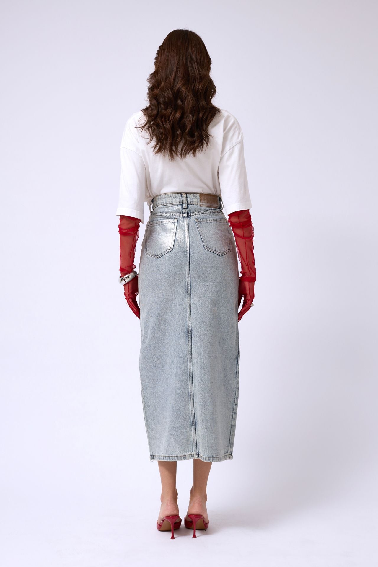 Varak Printed Slit Blue Maxi Denim Skirt