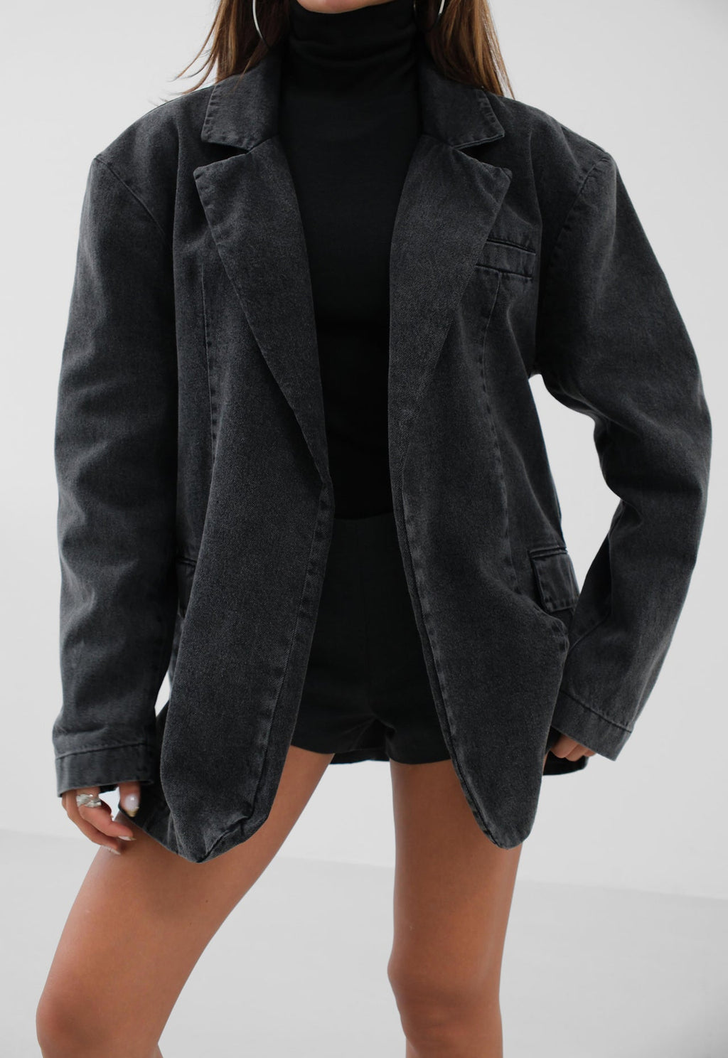 Shoulder Pad Detail Gray Denim Blazer
