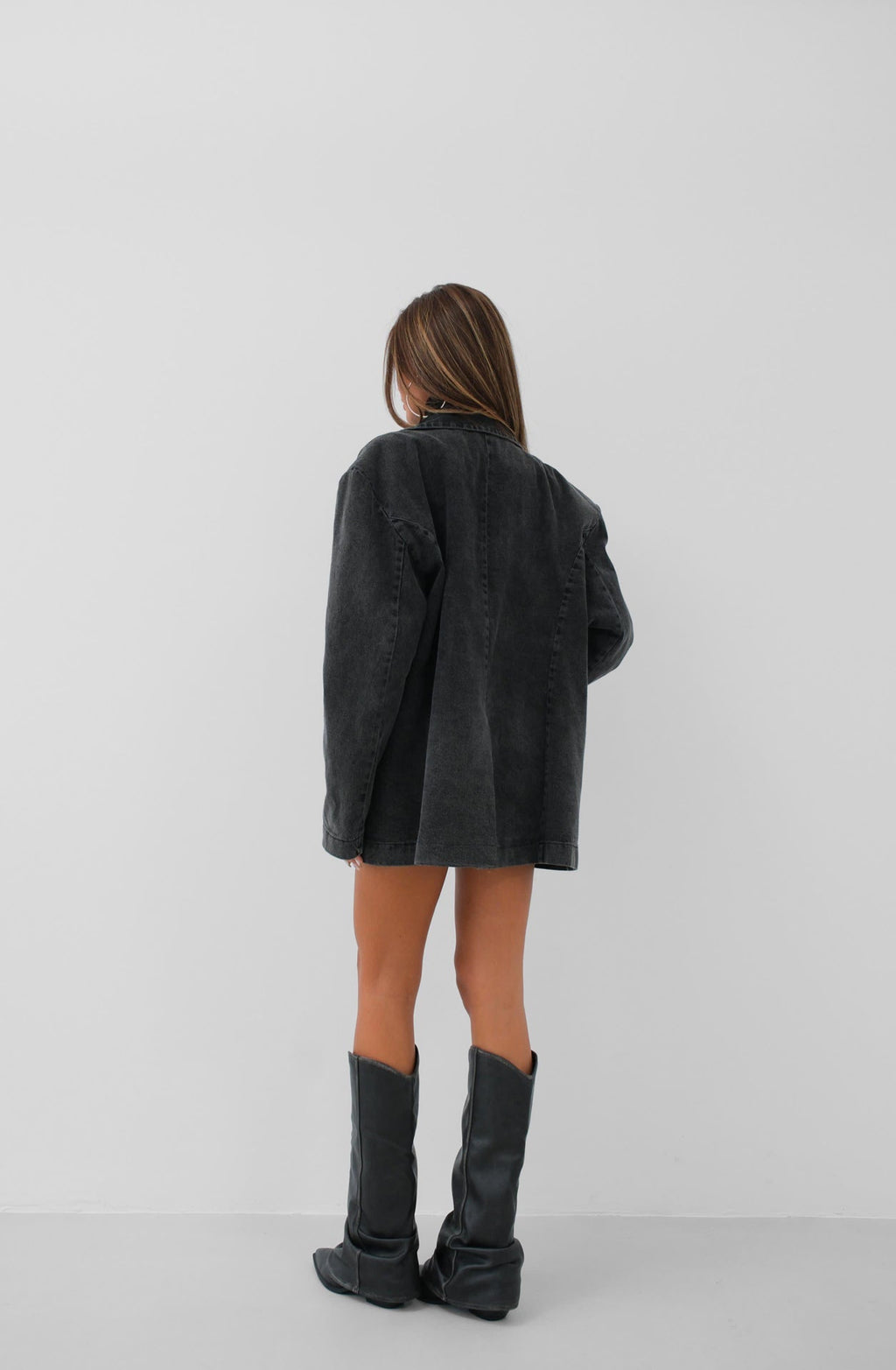 Shoulder Pad Detail Gray Denim Blazer