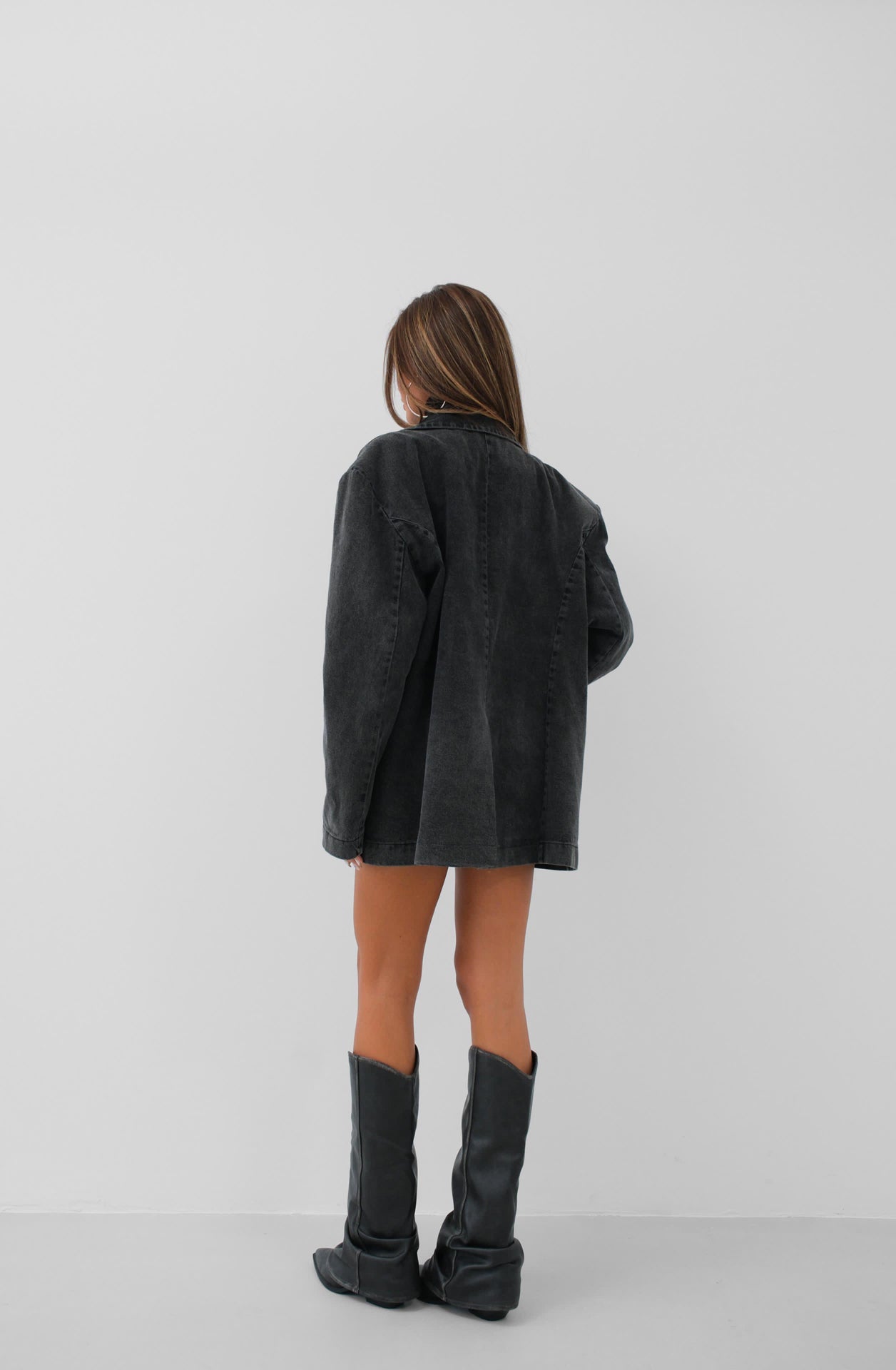 Shoulder Pad Detail Gray Denim Blazer