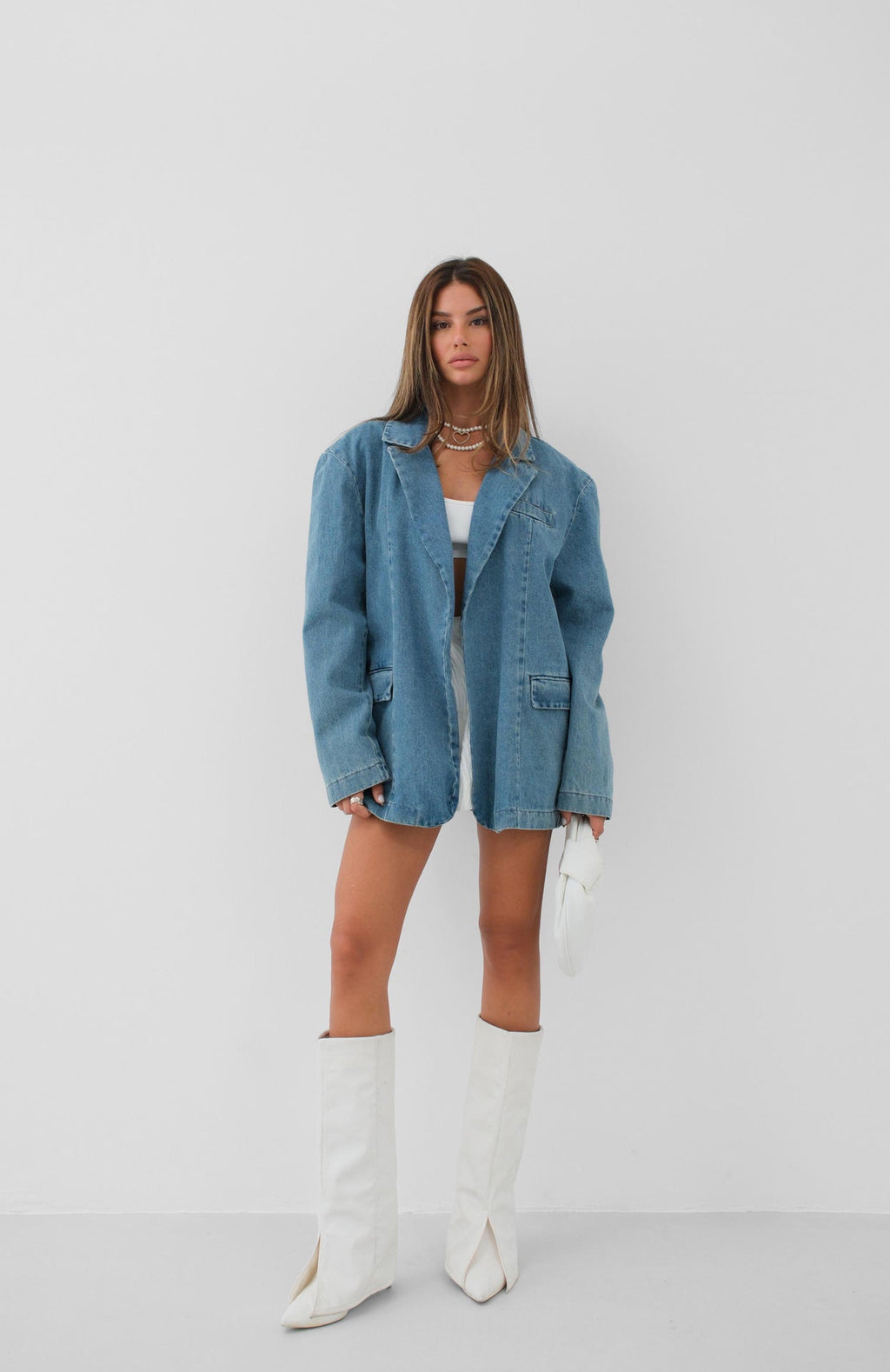 Shoulder Pad Detail Blue Denim Blazer