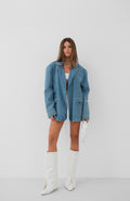 Shoulder Pad Detail Blue Denim Blazer