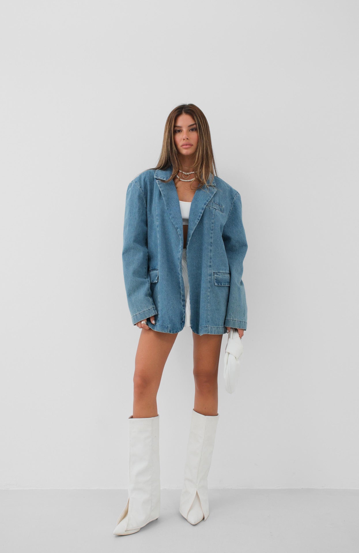 Shoulder Pad Detail Blue Denim Blazer