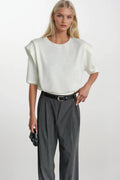 Shoulder Pad Detail Half Sleeve White Knit Blouse
