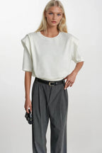 Shoulder Pad Detail Half Sleeve White Knit Blouse