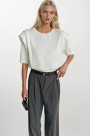 White Knit Blouse with Shoulder Pad Detail and Half Sleeves