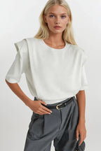 Shoulder Pad Detail Half Sleeve White Knit Blouse
