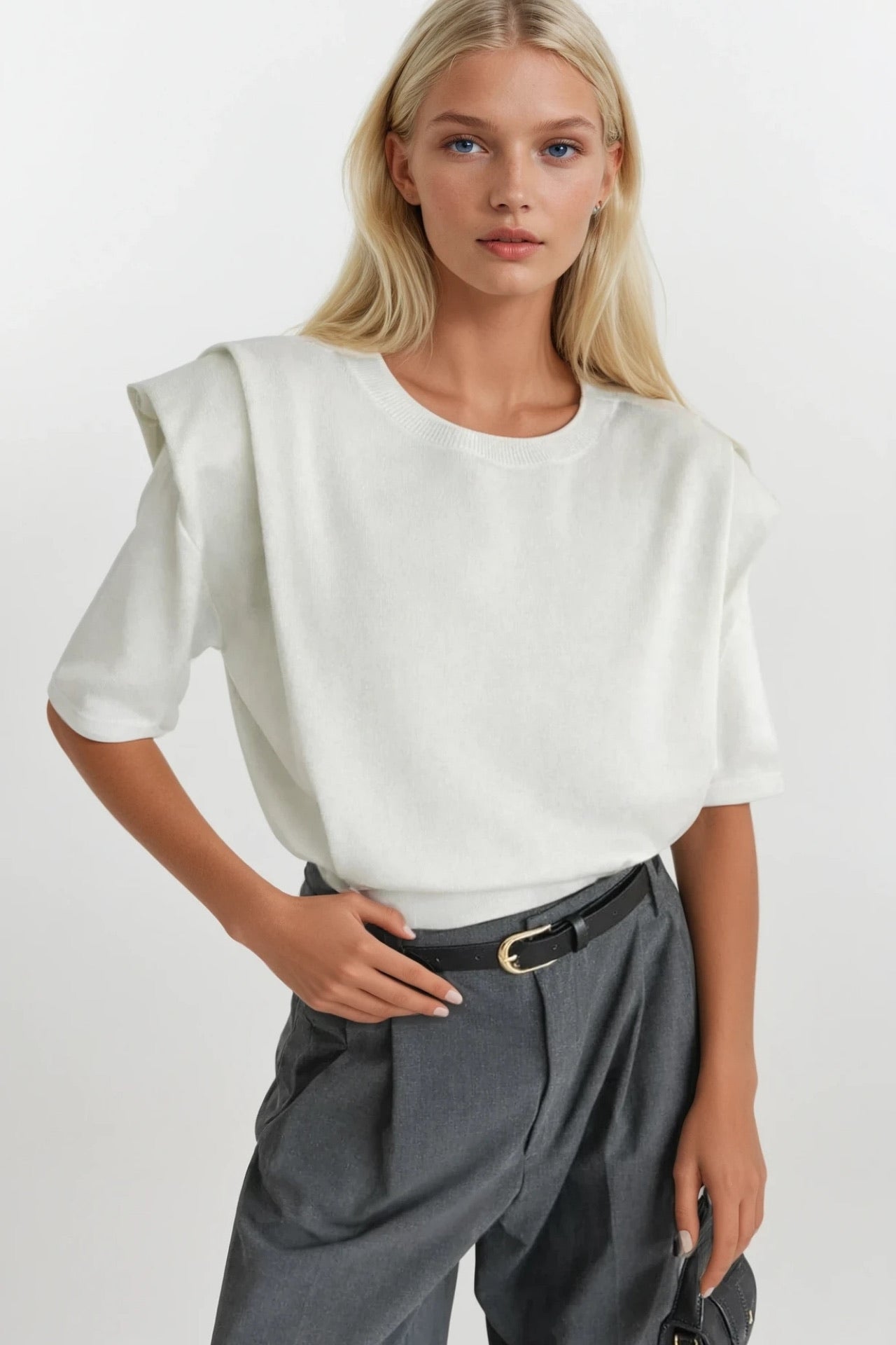 Shoulder Pad Detail Half Sleeve White Knit Blouse