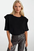Shoulder Pad Detail Half Sleeve Black Knit Blouse