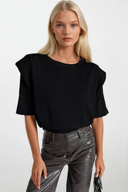 Shoulder Pad Detail Half Sleeve Black Knit Blouse