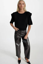 Shoulder Pad Detail Half Sleeve Black Knit Blouse