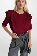 Shoulder Pad Detail Half Sleeve Burgundy Knit Blouse