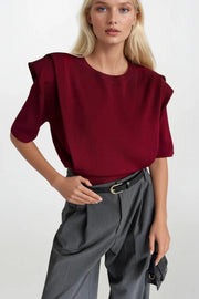 Padded Detail Half Sleeve Burgundy Knit Blouse