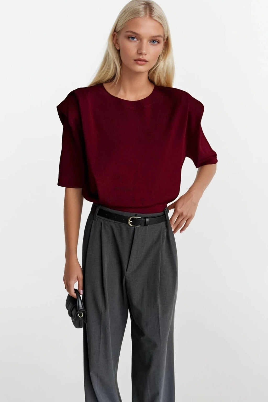 Shoulder Pad Detail Half Sleeve Burgundy Knit Blouse