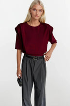 Shoulder Pad Detail Half Sleeve Burgundy Knit Blouse
