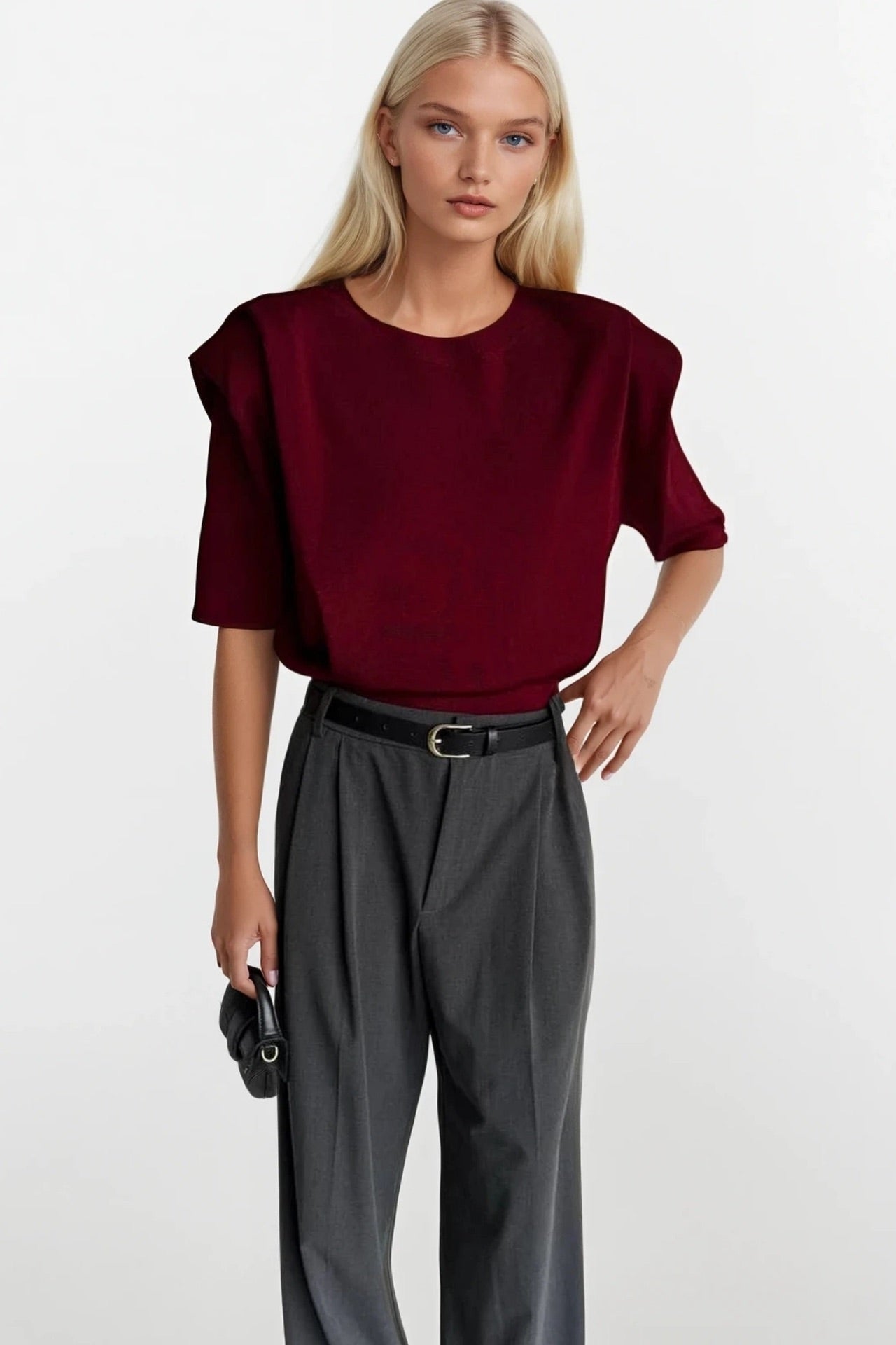 Shoulder Pad Detail Half Sleeve Burgundy Knit Blouse