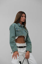 Padded Shoulder Crop Navy Blue Denim Jacket
