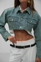 Padded Shoulder Crop Navy Blue Denim Jacket