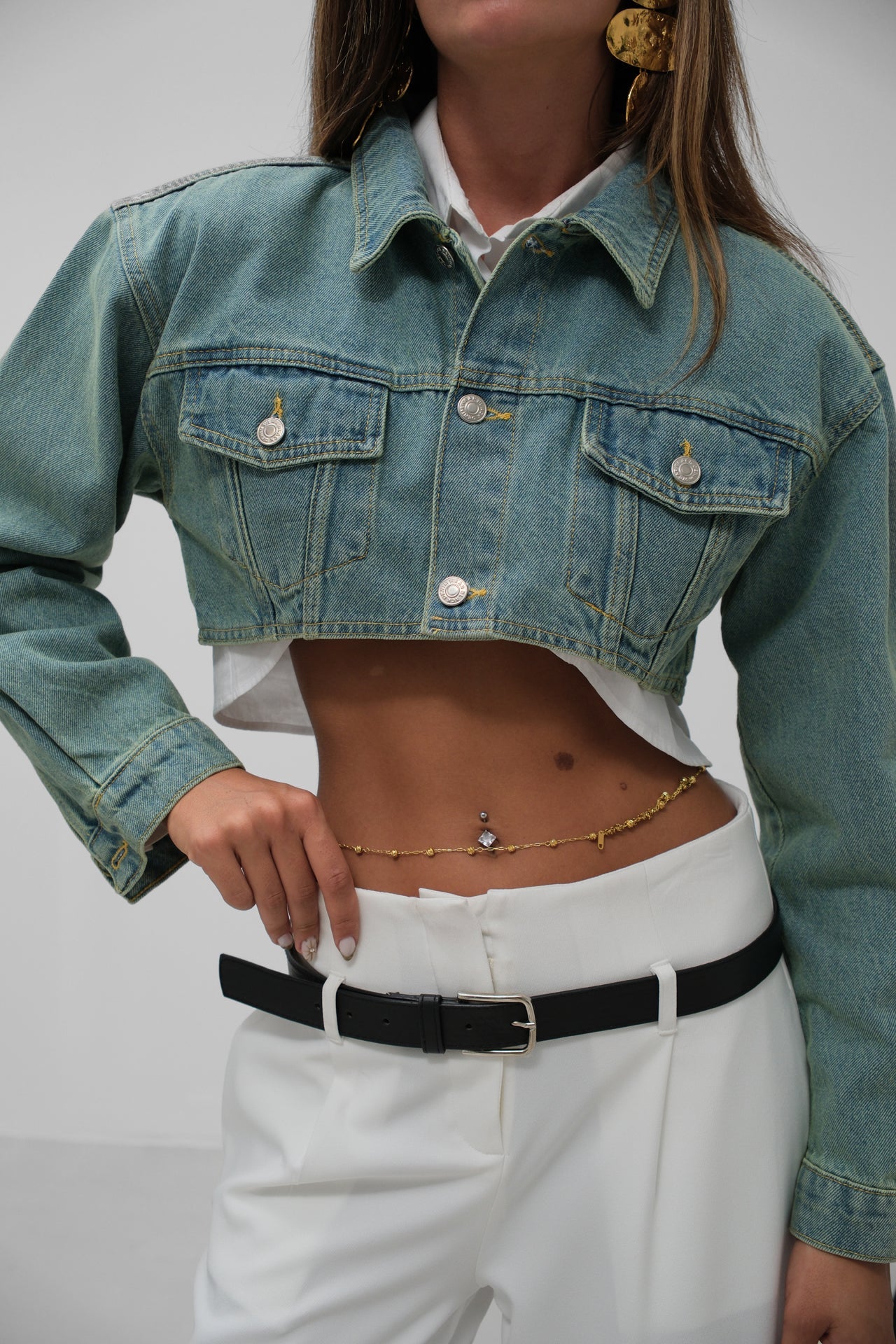 Padded Shoulder Crop Navy Blue Denim Jacket