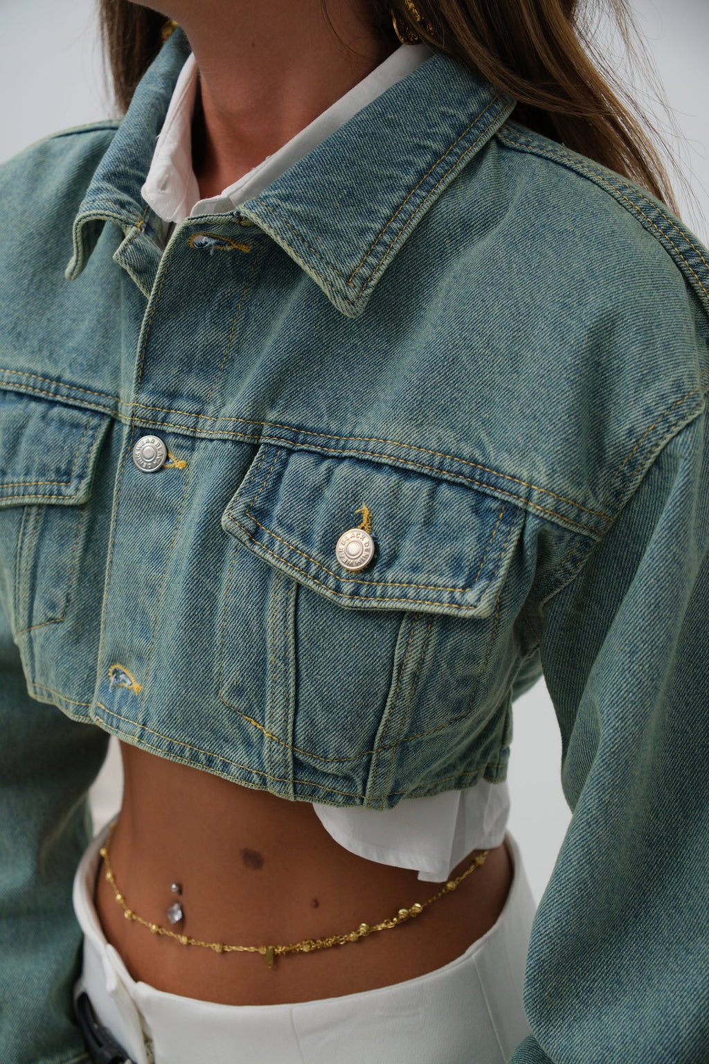 Padded Shoulder Crop Navy Blue Denim Jacket