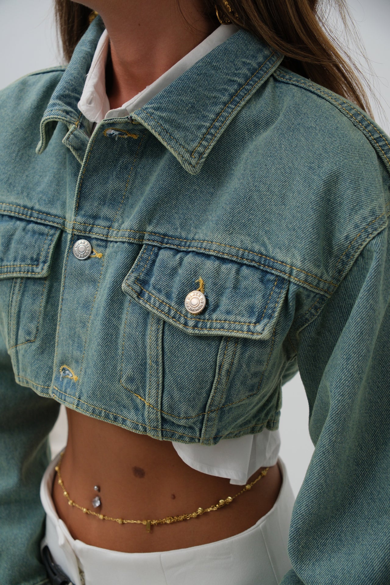 Padded Shoulder Crop Navy Blue Denim Jacket