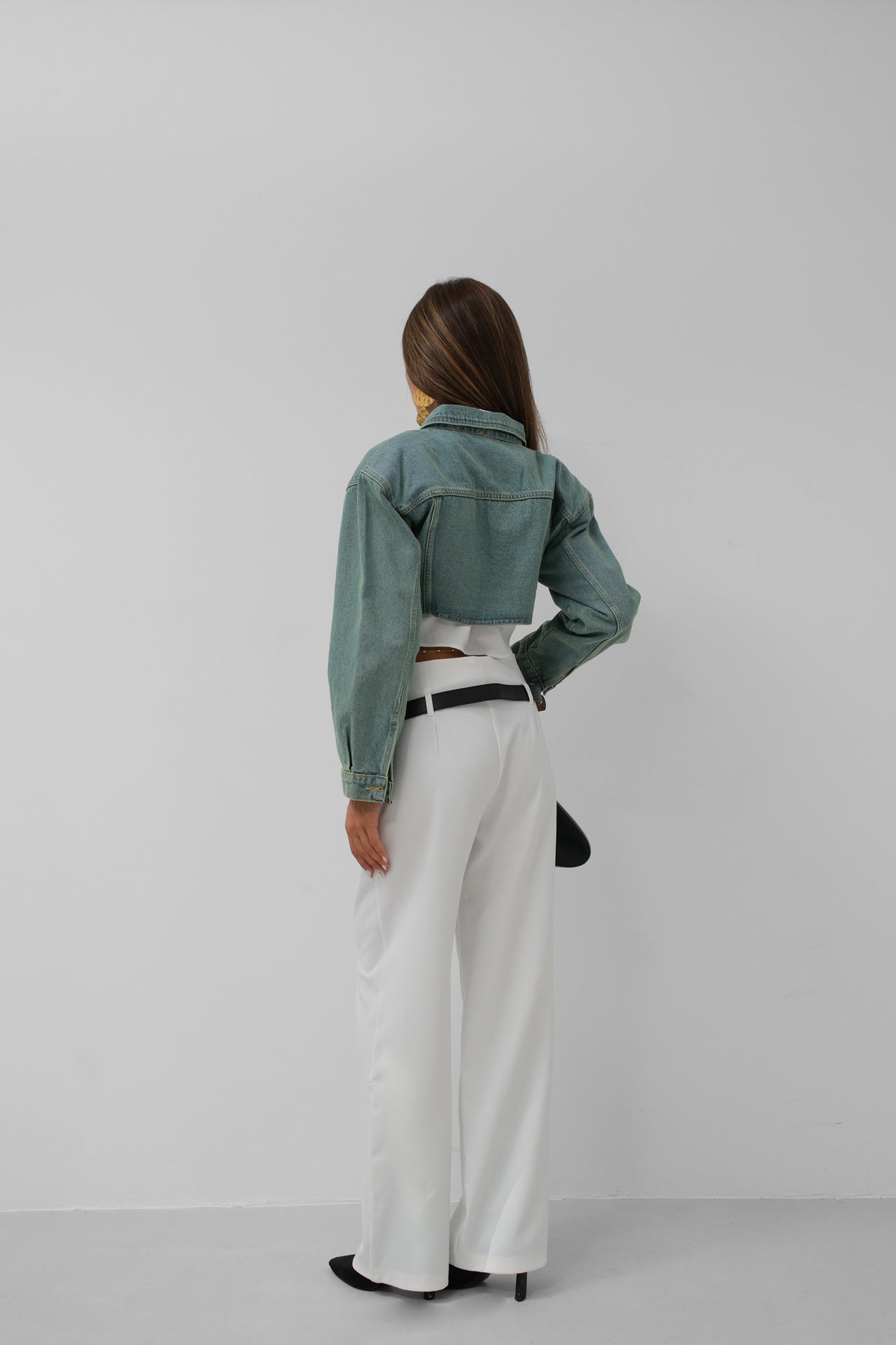 Padded Shoulder Crop Navy Blue Denim Jacket