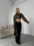 Shoulder-Padded Crop Black Denim Jacket