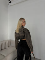 Shoulder-Padded Crop Black Denim Jacket