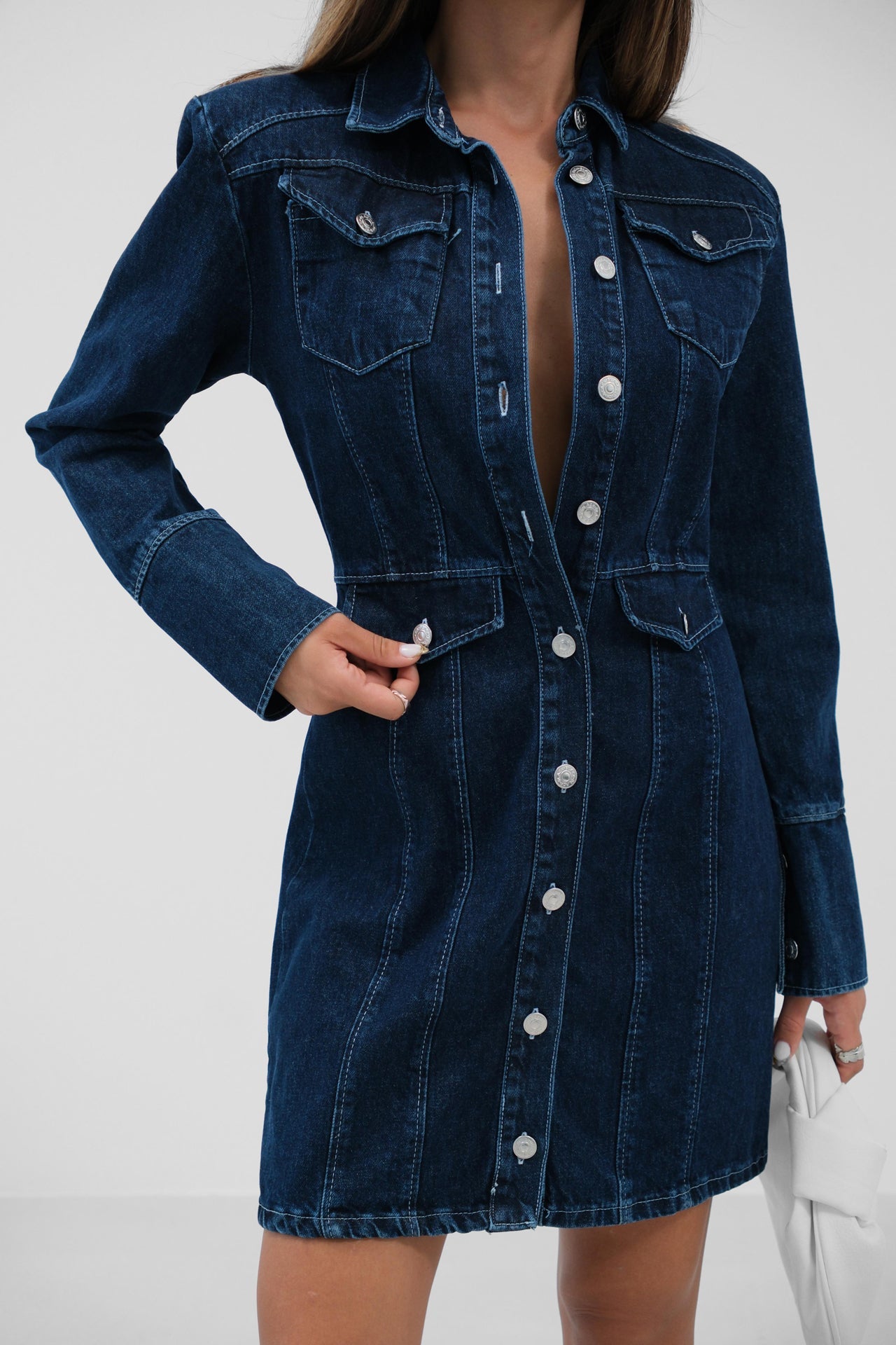 Shoulder Padded Navy Denim Dress