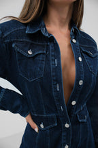 Shoulder Padded Navy Denim Dress