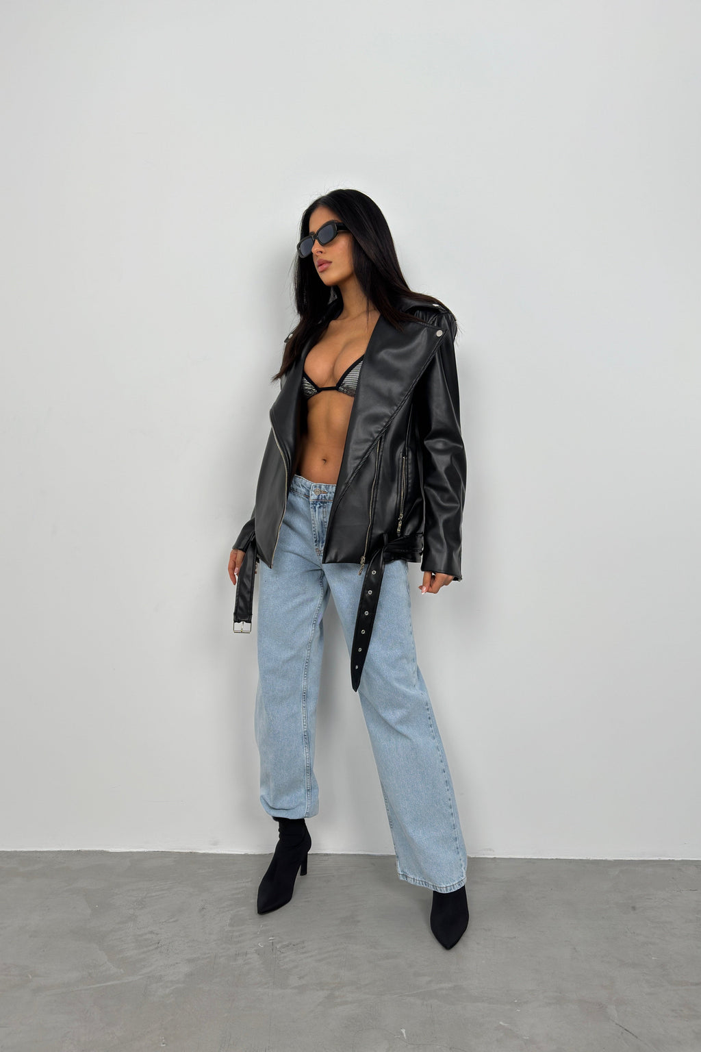 Shoulder-Padded Oversize Black Biker Jacket