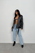 Shoulder-Padded Oversize Black Biker Jacket