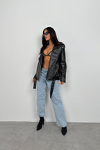 Shoulder-Padded Oversize Black Biker Jacket