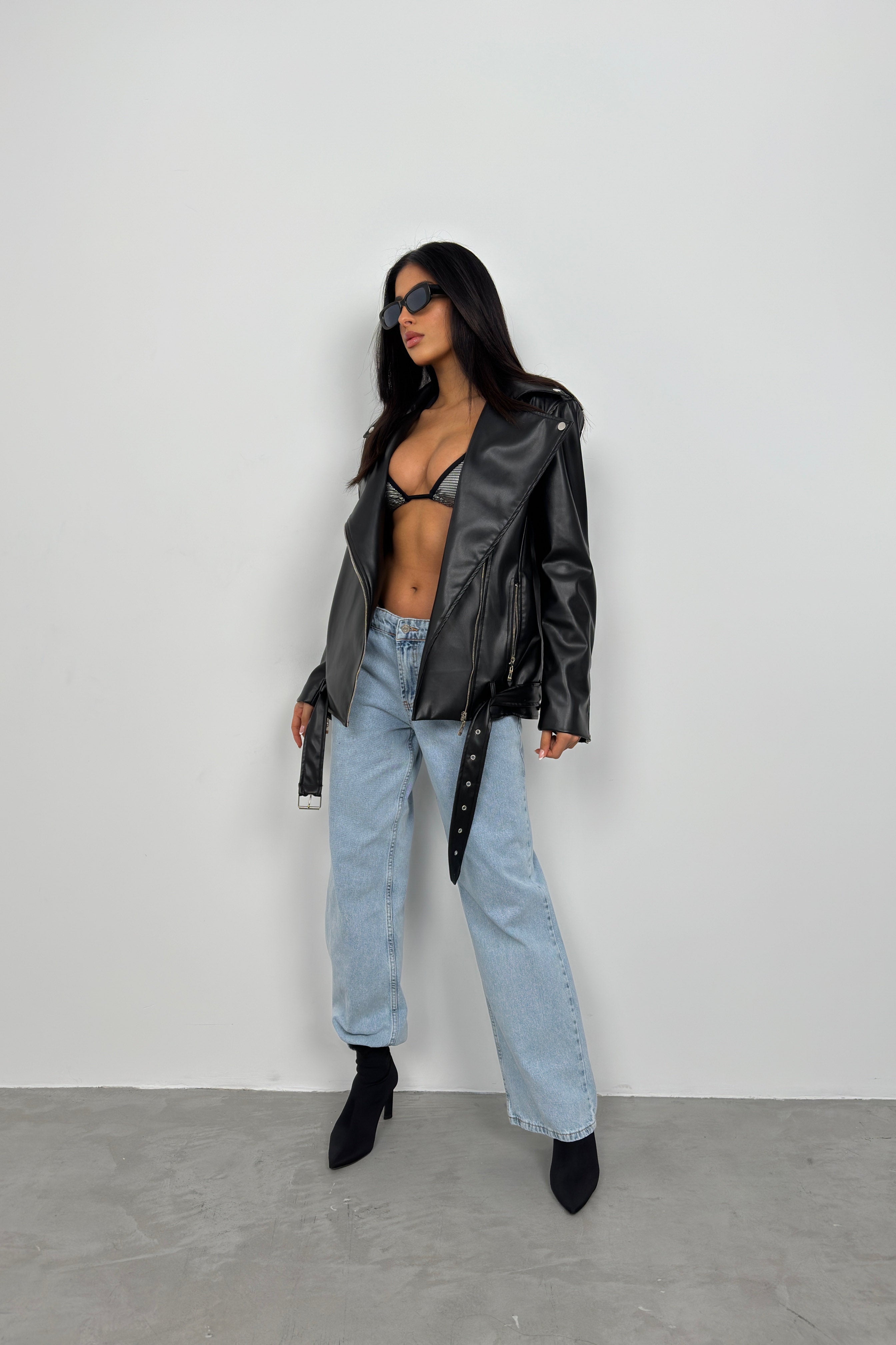 Shoulder-Padded Oversize Black Biker Jacket