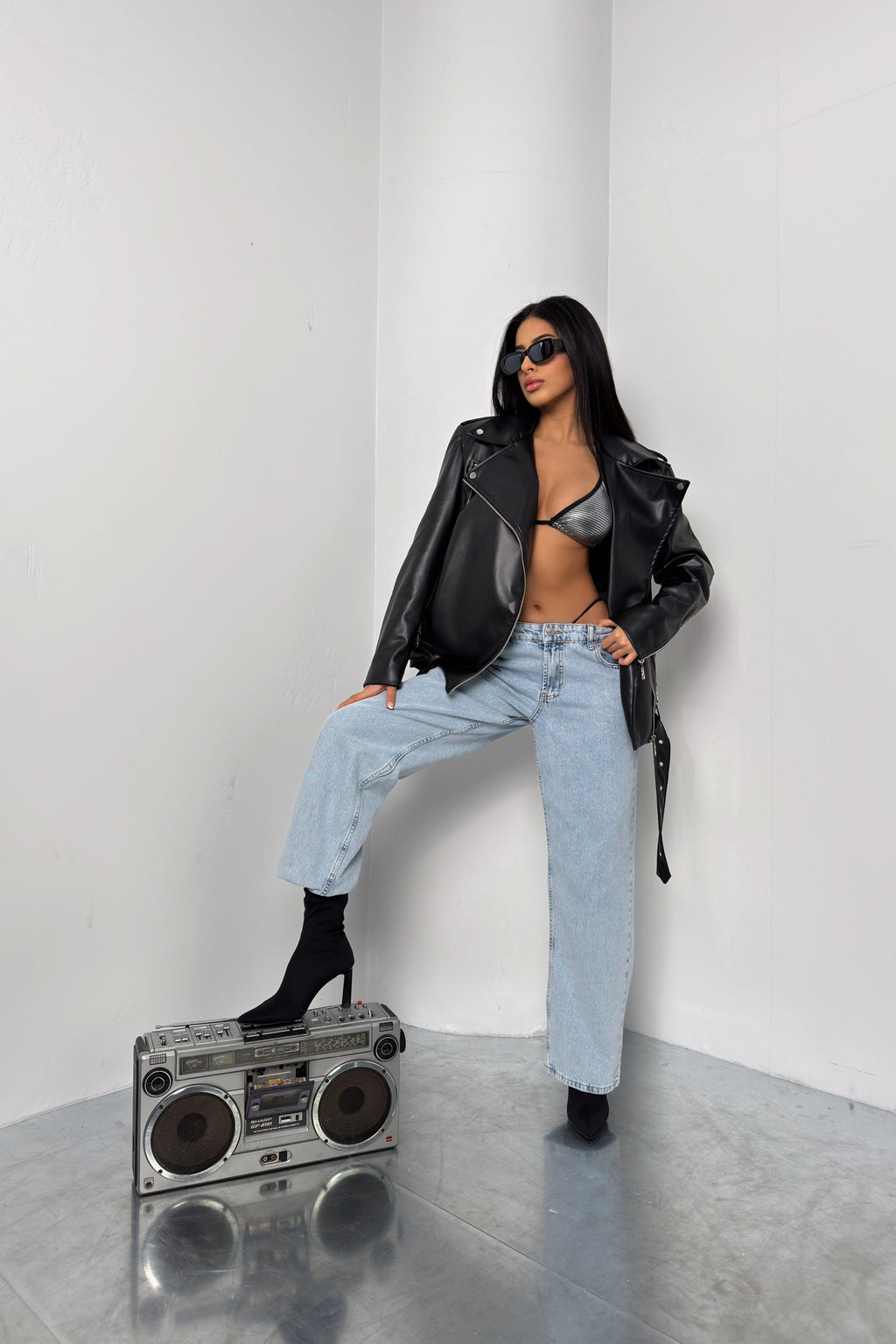 Shoulder-Padded Oversize Black Biker Jacket