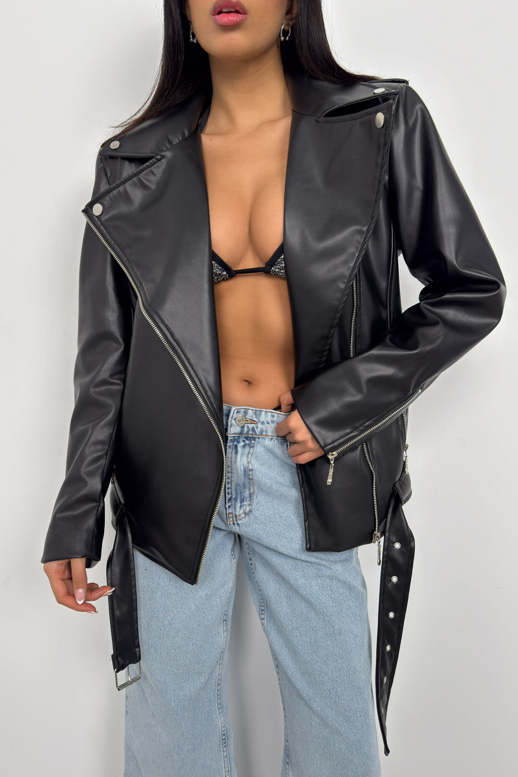 Shoulder-Padded Oversize Black Biker Jacket