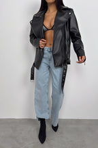 Shoulder-Padded Oversize Black Biker Jacket