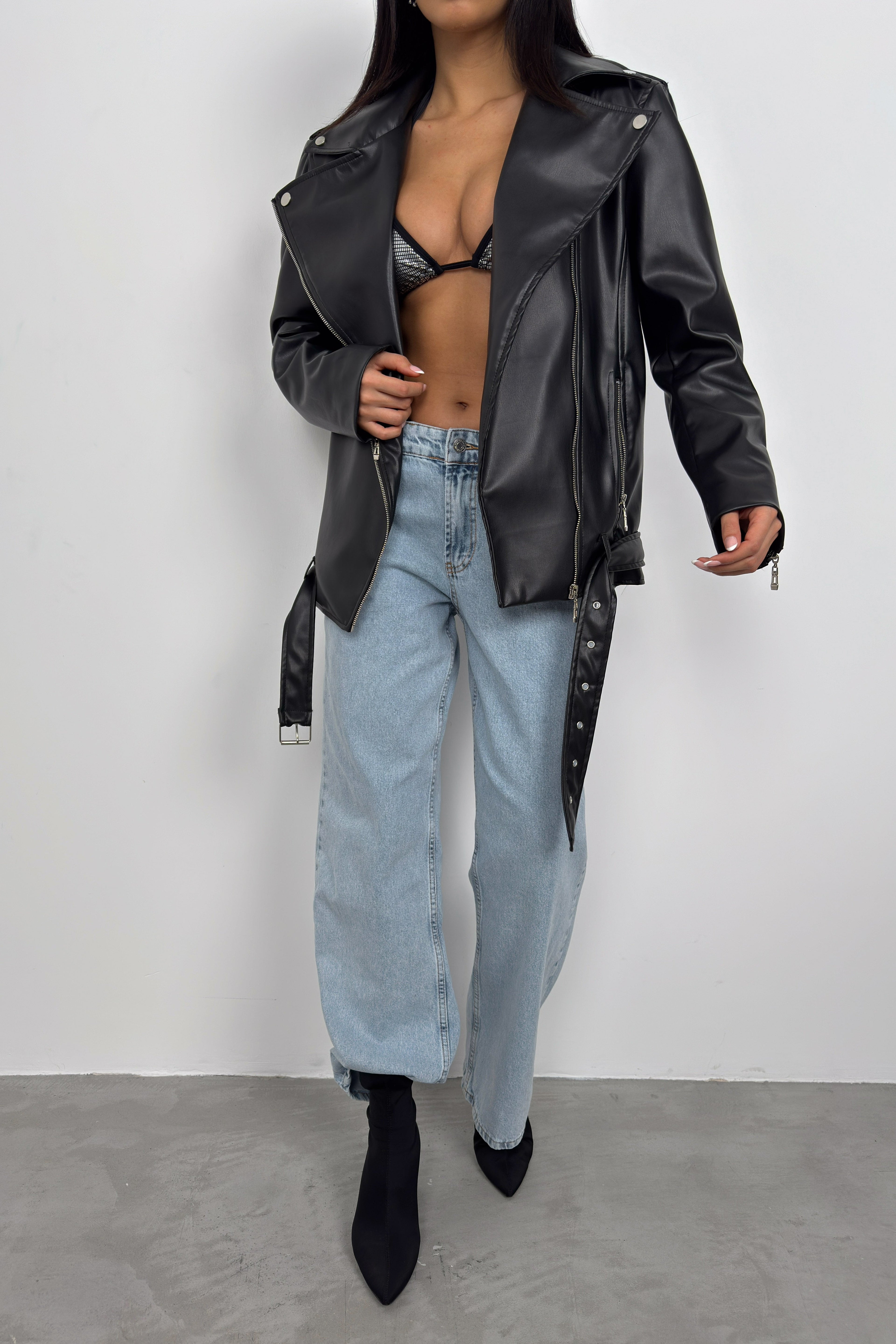 Shoulder-Padded Oversize Black Biker Jacket